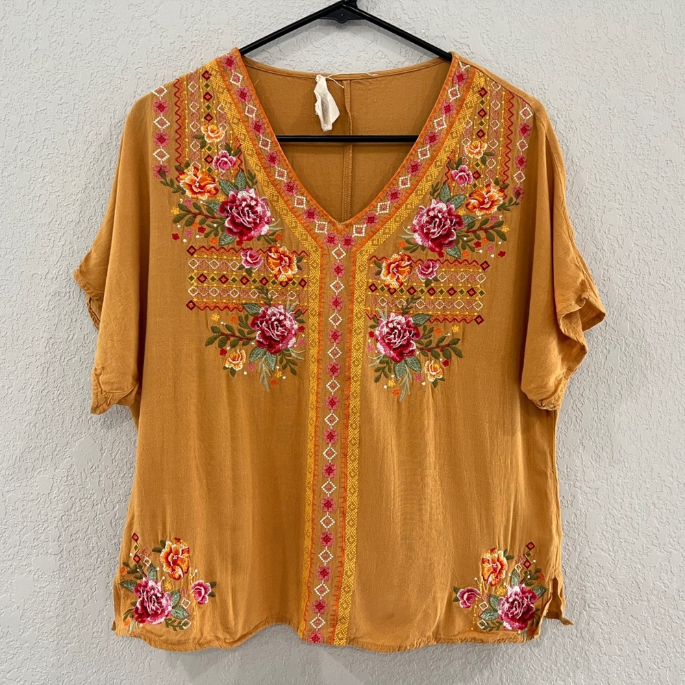 Savanna Jane Womens S Mustard Floral Embroidered Boho Tunic Top V Neck Rayon